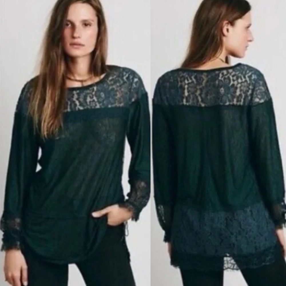 Free People Long Sleeve Lace Top Green Size XS Bohemian Blouse Boho Longline Tee